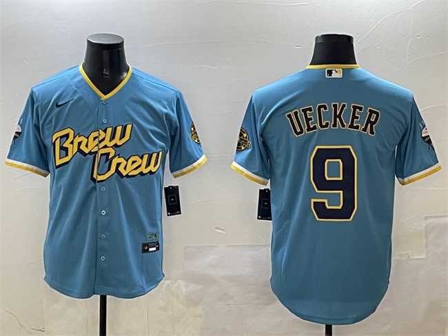 Mens Milwaukee Brewers #9 Bob Uecker Powder Blue City Connect With Patch Cool Base Stitched Jersey